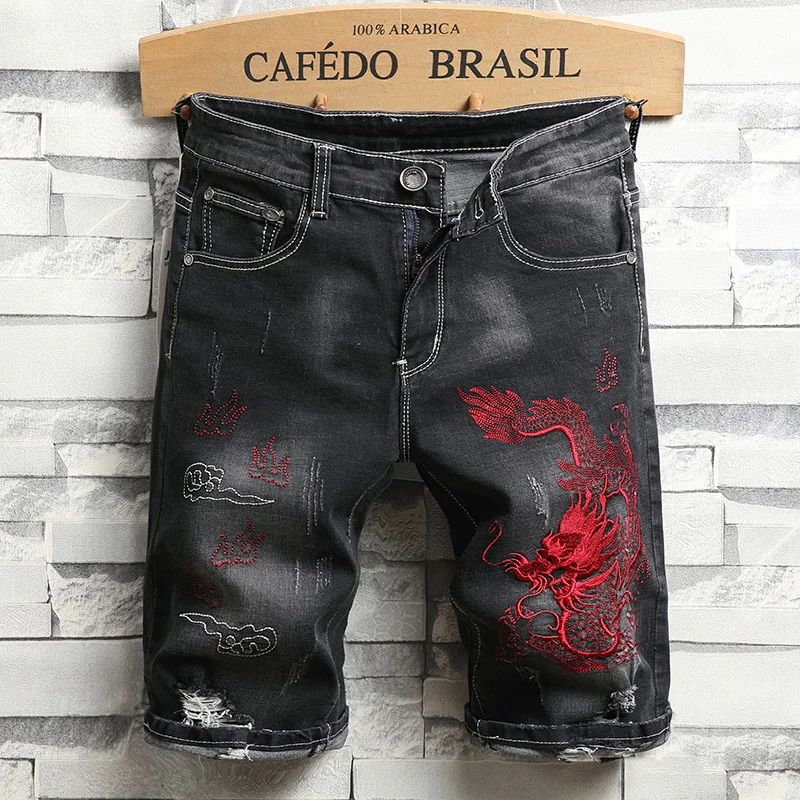 Summer Hole Men's Denim Shorts Quality Embroidered Black Slim Street Short Jeans Chinese Style Ripped Stretch Knee Length Pants