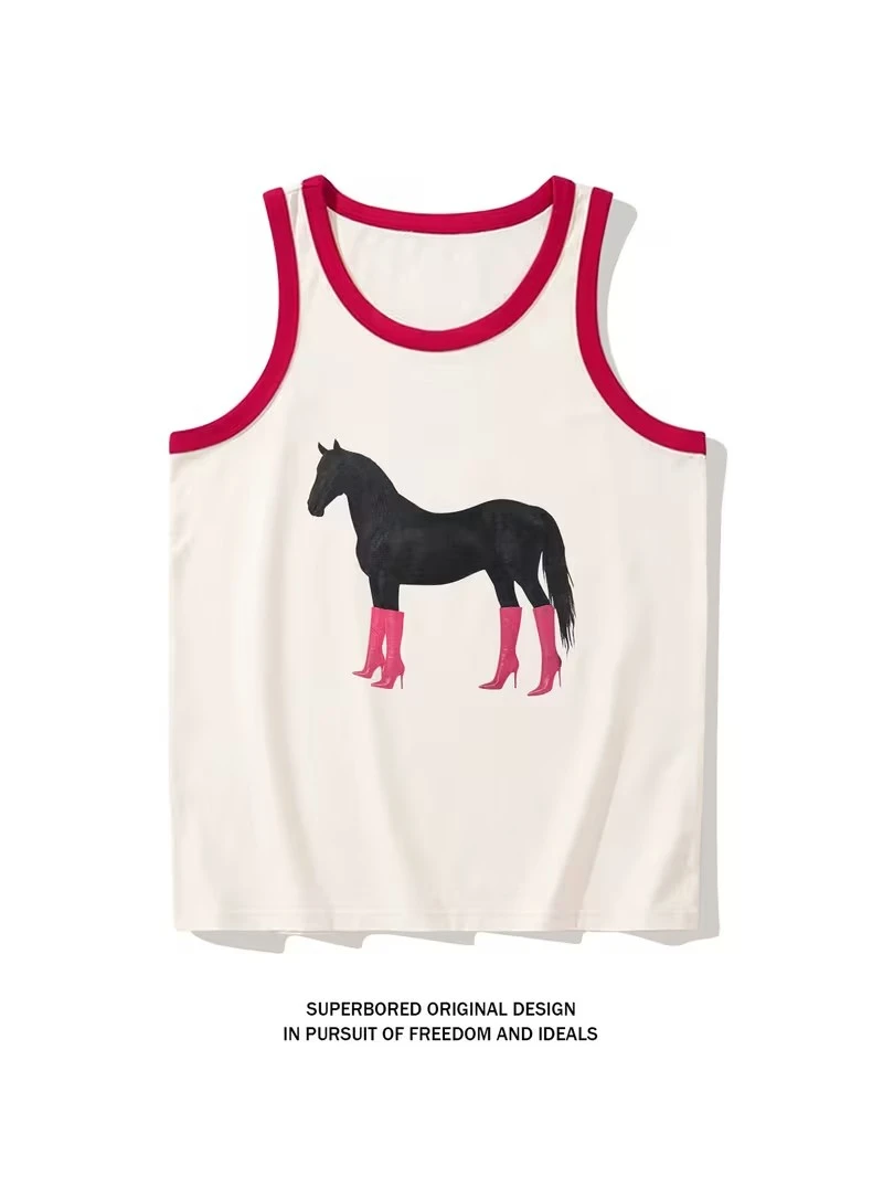 

Mens Y2K Retro Funny Horse All Over Print Tank Top Summer Harajuku New Design Sleeveless Contrast Trim Loose Fit Casual Vest Tee