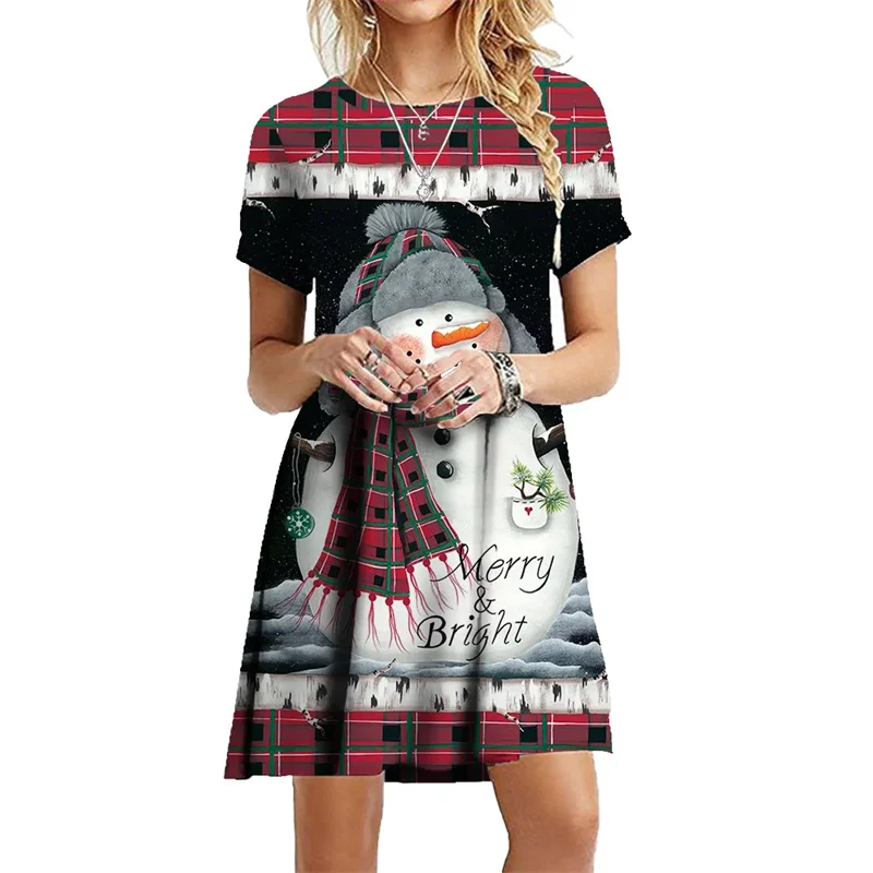 Sweet Casual Christmas Party Dress For Womens Autumn Winter Loose Short Sleeve Christmas Elk 3D Printed Mini Dress Femme Clothes