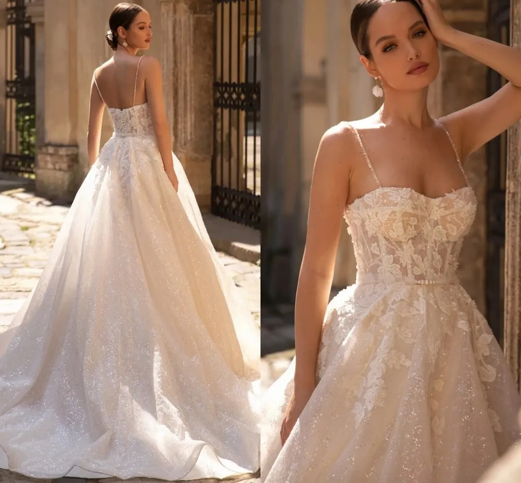 

2025 Glitter Sequins Wedding Dress Sweetheart Lace Pearls A-line Bridal Bride Gowns Court Train Vestidos De Noiva Robe Mariee