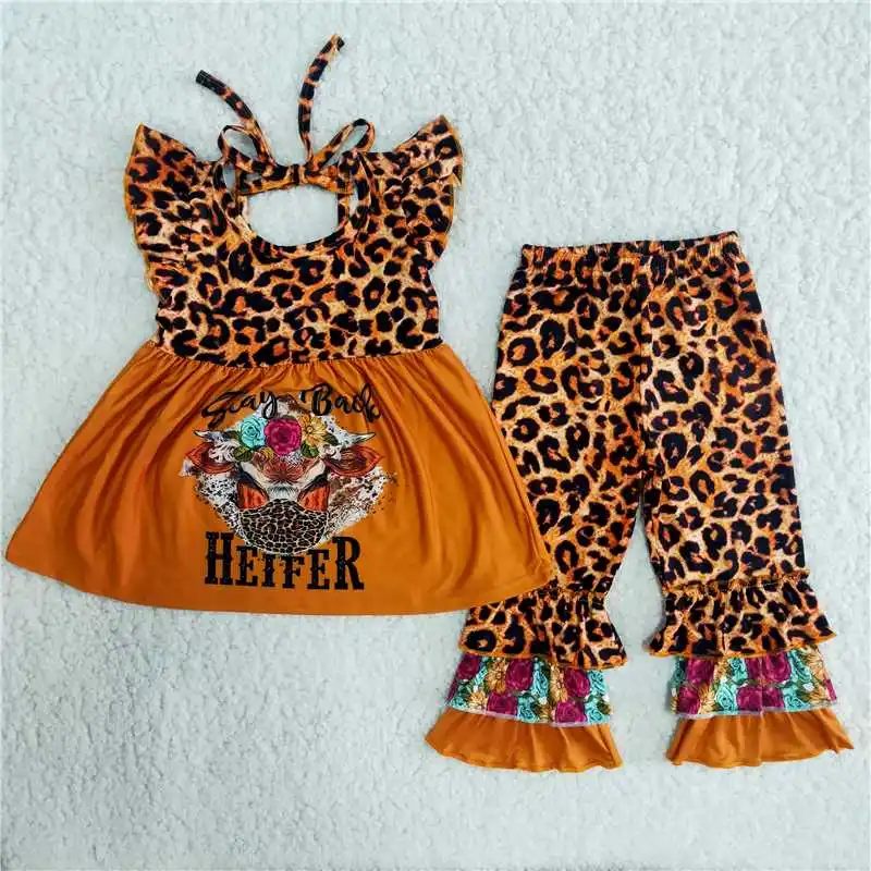 

2022 RTS Baby Girls New Design Orange Heifer Shirt Wholesale Children Boutique Outfits Bling Leopard Print Clothing Hot Selling