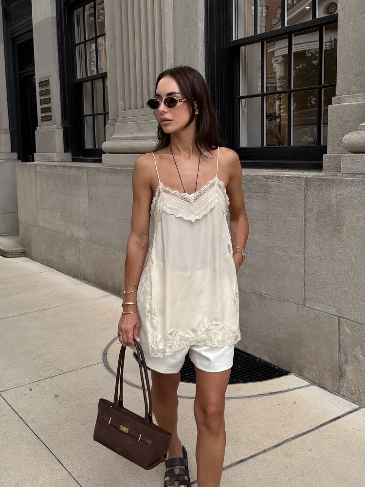 الصلبة الدانتيل المرقعة حبال القمم سيدة عادية أكمام الخامس الرقبة شيك فضفاض عارية الذراعين سترة قصيرة 2025 الصيف عطلة الشارع ارتداء