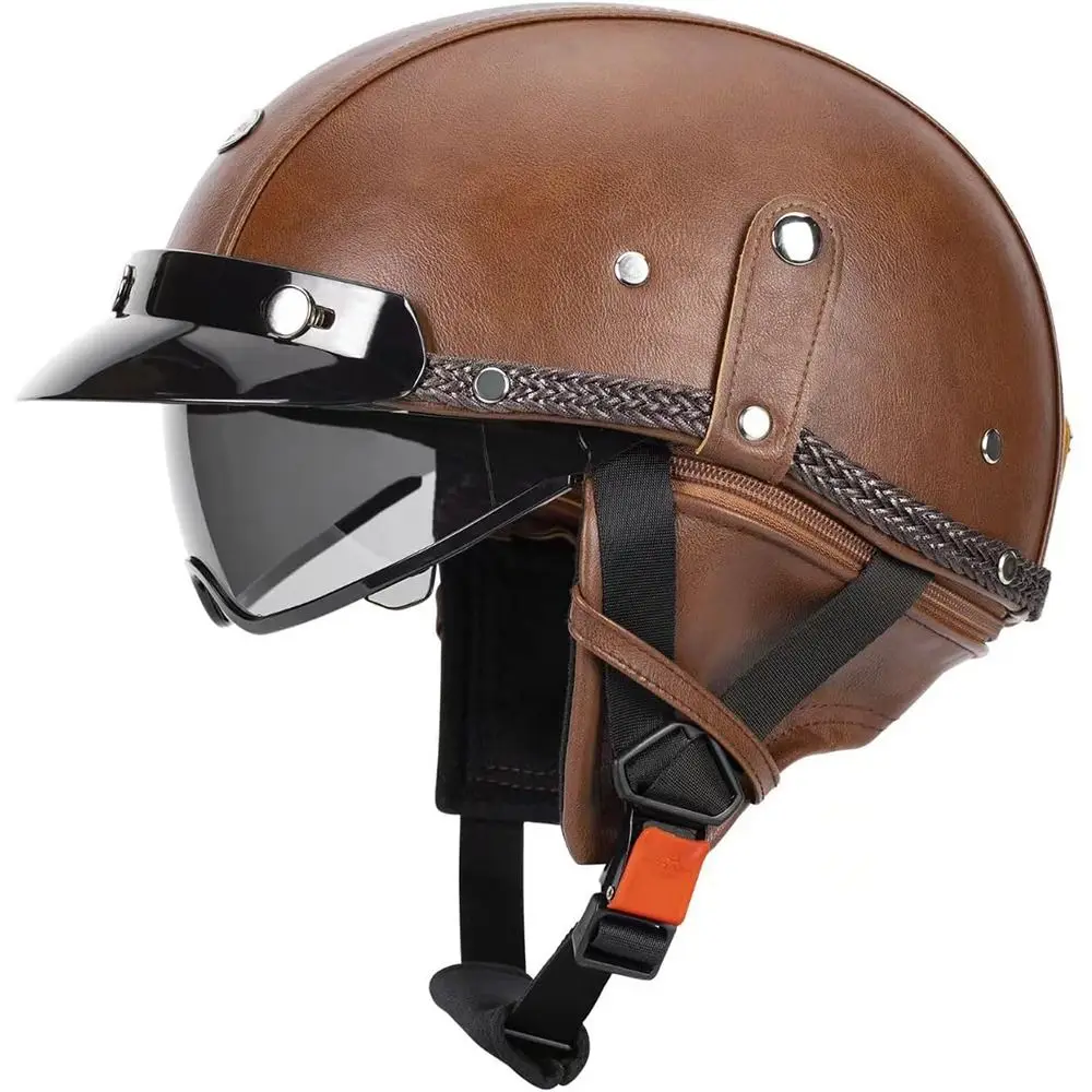 

with Sun Retractable Visor Retro Half Helmet Classic Vintage Design Lightweight Motorcycle Helmet Black Brown Comfortable