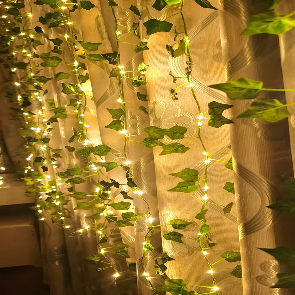 Silk Leaves Fake Creeper Green Leaf Ivy Vine LED String Lights For Home Wedding Party Hanging Garland Artificial Flower Decor