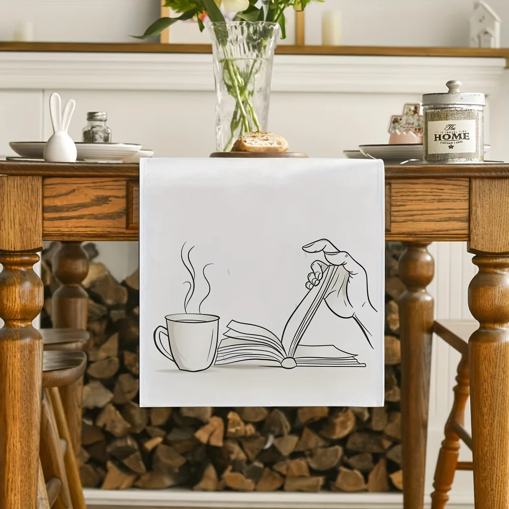 1 Piece of Striped Table Runner with Book and Coffee Cup Design, Suitable for Farmhouse, Indoor, Kitchen, Celebrations, Table Decoration, Restaurant and Banquet Decoration Supplies