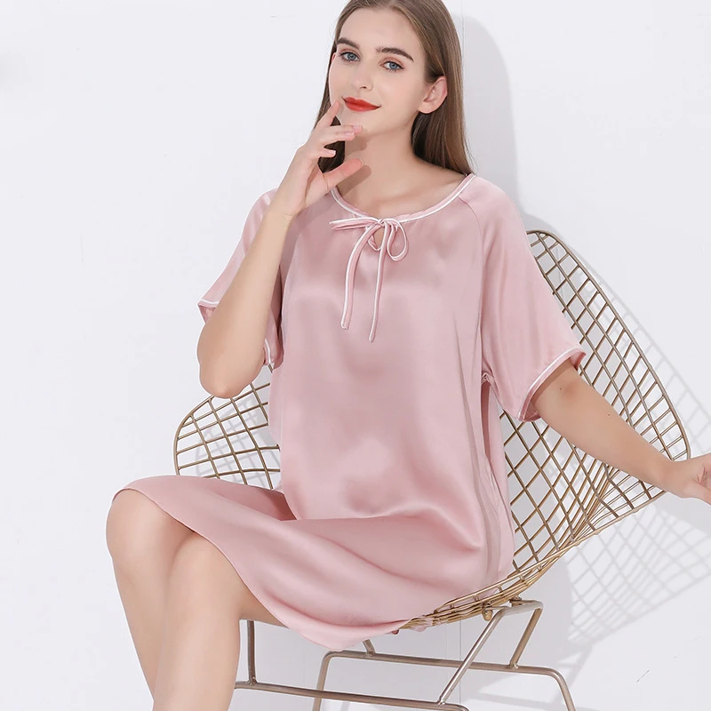 100% Mulberry Silk Pajamas for Women Summer Short Sleeve Solid Color Simple Princess Nightgown Can Be Worn Outside Sleepwear