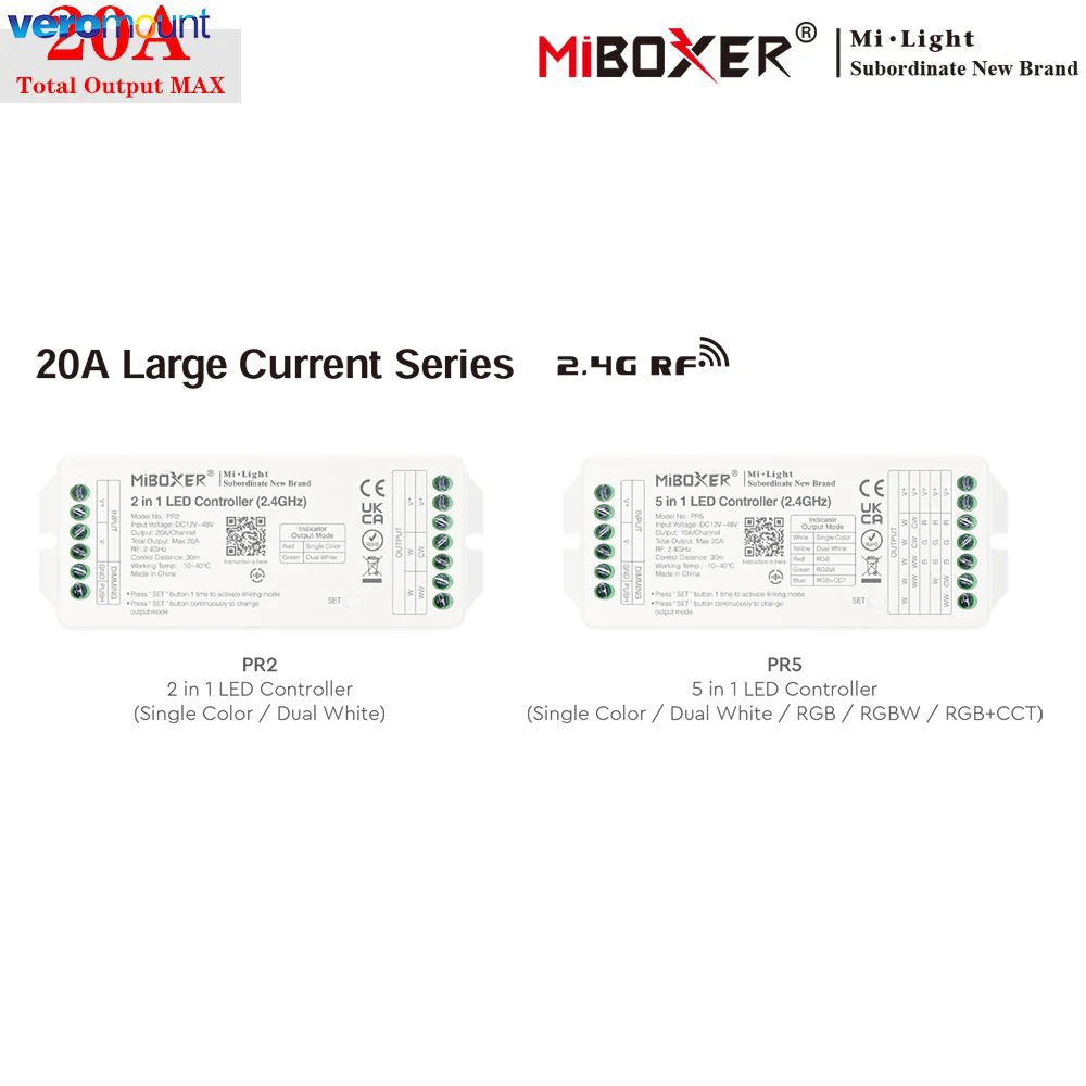 MiBoxer PR2 2IN1 PR5 5IN1 2.4GHz RF LED Controller Large Current Max 20A For Single Color/Dual White/RGB/RGBW/RGB+CCT LED Strip