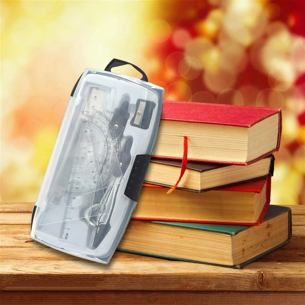 เรขาคณิตชุดเข็มทิศ 10 ชิ้นโรงเรียนคณิตศาสตร์ไม้โปรแทรกเตอร์ชุดไม้บรรทัดสําหรับนักเรียนคณิตศาสตร์และวิศวกรรมในกระเป๋าพกพา, สีเทา