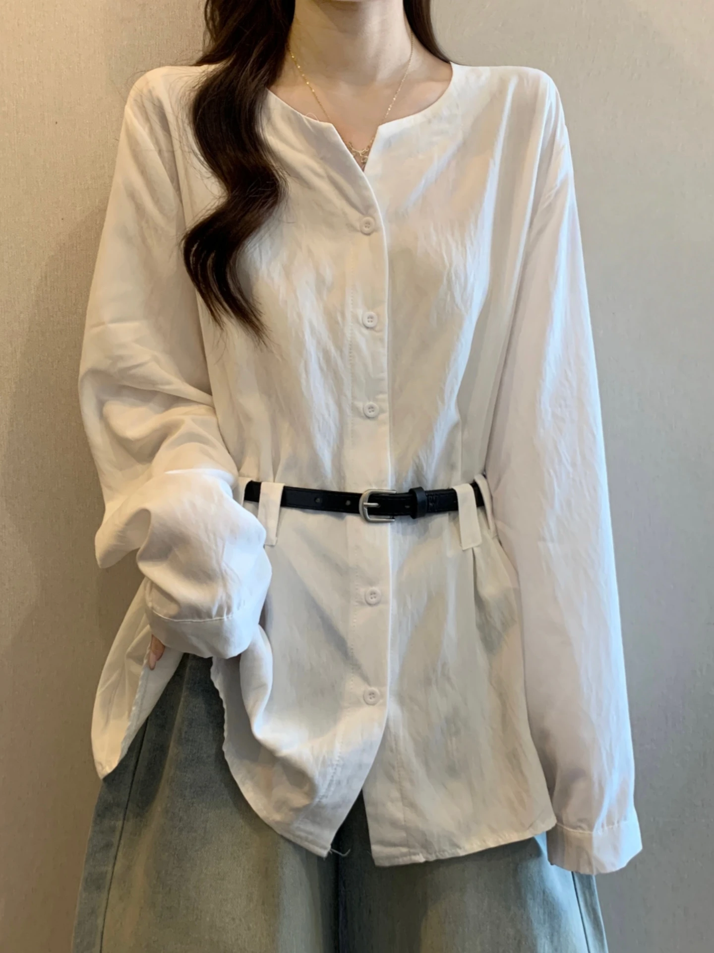 

White V-Neck Long Sleeve Base Shirt Women's Spring Autumn plus Size Slimming Midi Length Belted Waist Shaping Belly Covering Top