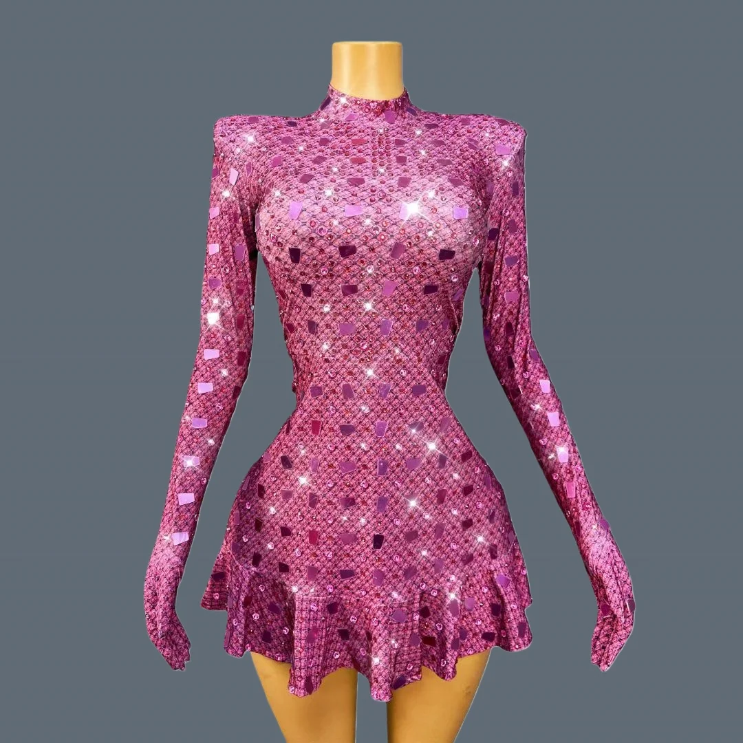 

Glamorous Pink Sequins Bodycon Mini Dress with Gloved Sleeves Women Singer Party Dress Nightclub Prom Stage Performance Taosu