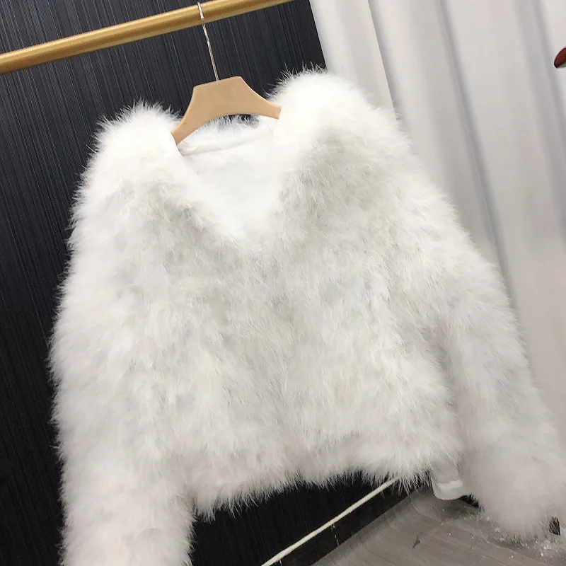 Winter Ostrich Feather Turkey Fur Coats For Women Full Sleeves Hooded Pluffy Fur Jacket Fashion Casual Warm Outwear Female Y3457