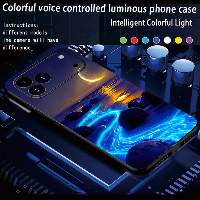 Luxury Beach Moon Luminous Phone Cases For iPhone 17 16 Pro Max 17E 16E 13 14 15 16 Plus Tempered Glass LED Light Shell Fundas