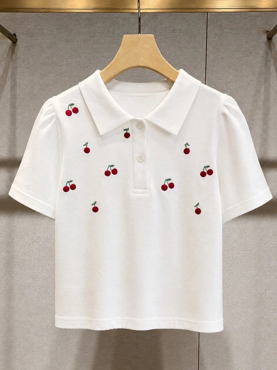 Casual Versatile Cherry Print Short Sleeve  Neck T-Shirt Summer Korean Style Gentle Wind All-Match Top for Women