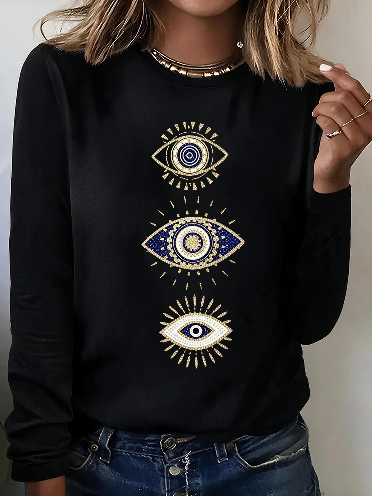 Women's Boho Nazar Amulet T-Shirt Evil Eye Blue Golden Print Long Sleeve T-shirt Graphic Y2k T Shirt Clothes Female Outfit Daily