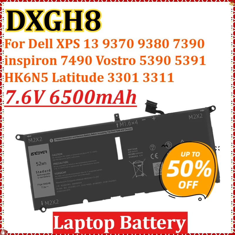 

DXGH8 7.6V 6500mAh Laptop Battery for Dell XPS 13 9370 9380 7390 inspiron 7490 Vostro 5390 5391 HK6N5 Latitude 3301 3311