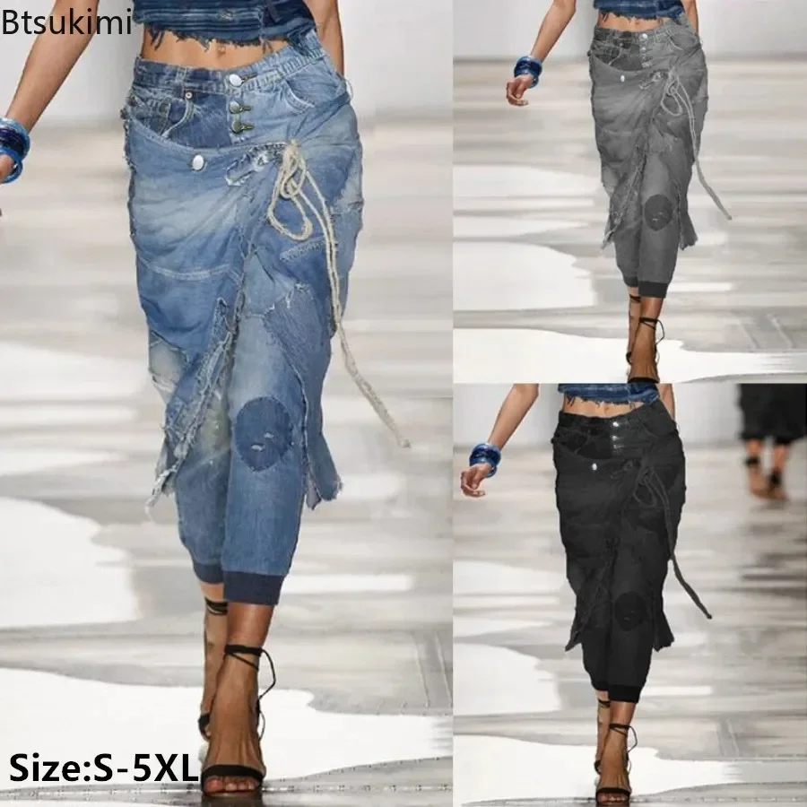 New 2024 Women's Jeans Pants Fashion Personality Broken Hole Washed Retro Denim Trousers Females Mid-waisted Pencil Pants Jeans