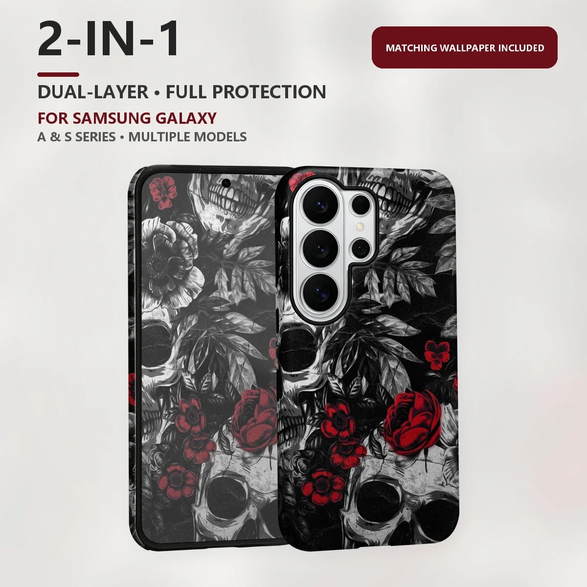 Skull And Red Rose 2-in-1 Dual-Layer Phone Case for Samsung Galaxy S26 S25 S24 S23 S22 S21 Plus Ultra FE S20 FE A56 A17 A16 A15