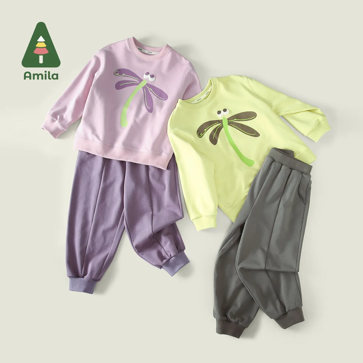 Amila Baby Set 2026 Spring New Solid Color Dragonfly Cartoon Pattern Solid Loose Sweatshirt Leggings Children\'s Two-Piece Set
