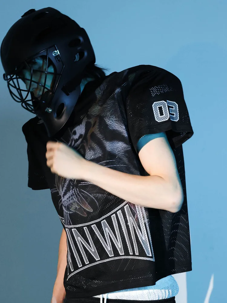 PCCVISION AN0N TIGER69 Loose Fit Breathable Black Tiger Mesh Print T-Shirt Polyester Short Sleeve V-Neck Street Style Summer Top