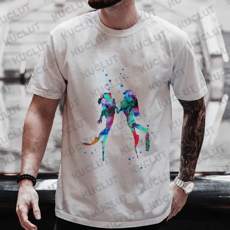 Summer Streetwear Scuba Diver Watercolor Diving Print Men\'s Brand T-shirts Scuba Diver Design Tops Breathable Men Women Tshirts