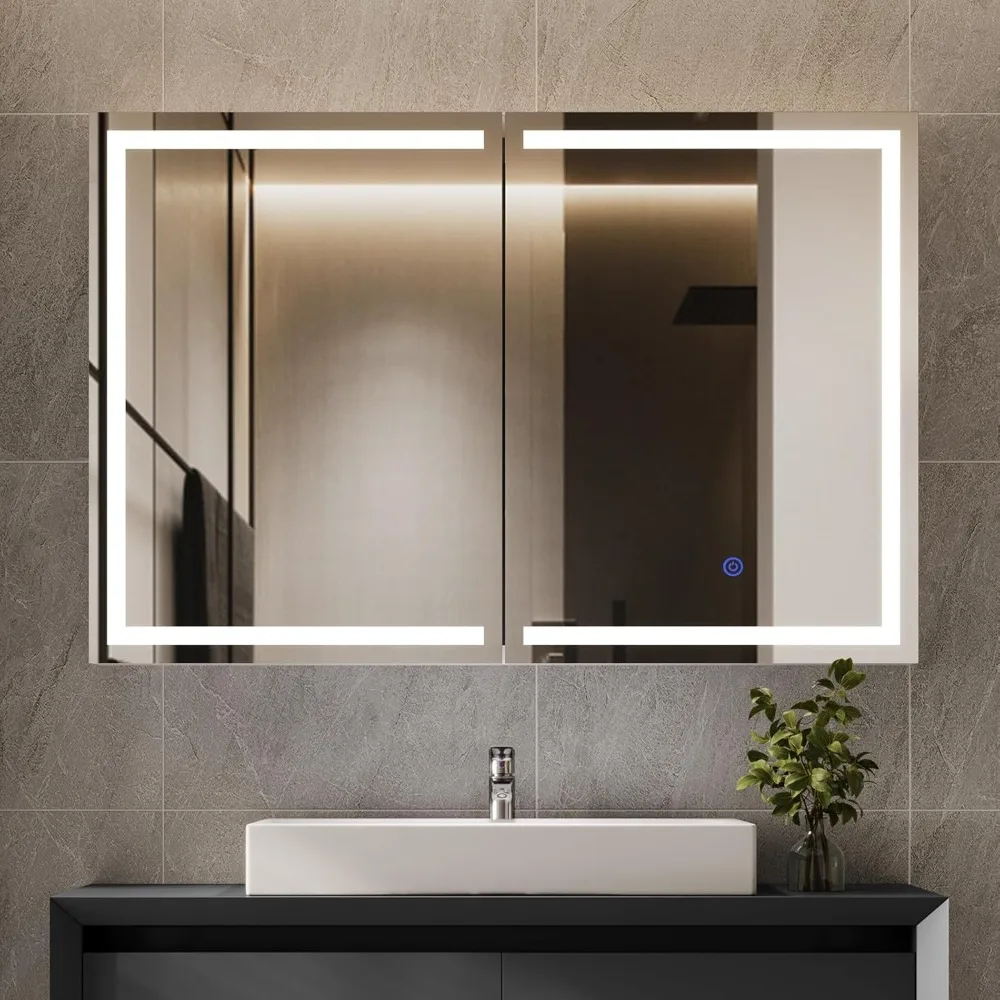 Bathroom Mirror,35'' X 23'',Medicine Cabinet,with Storage, 2 Doors Bathroom Wall Cabinet,LED Lights, ,Wall Mounted Mirror