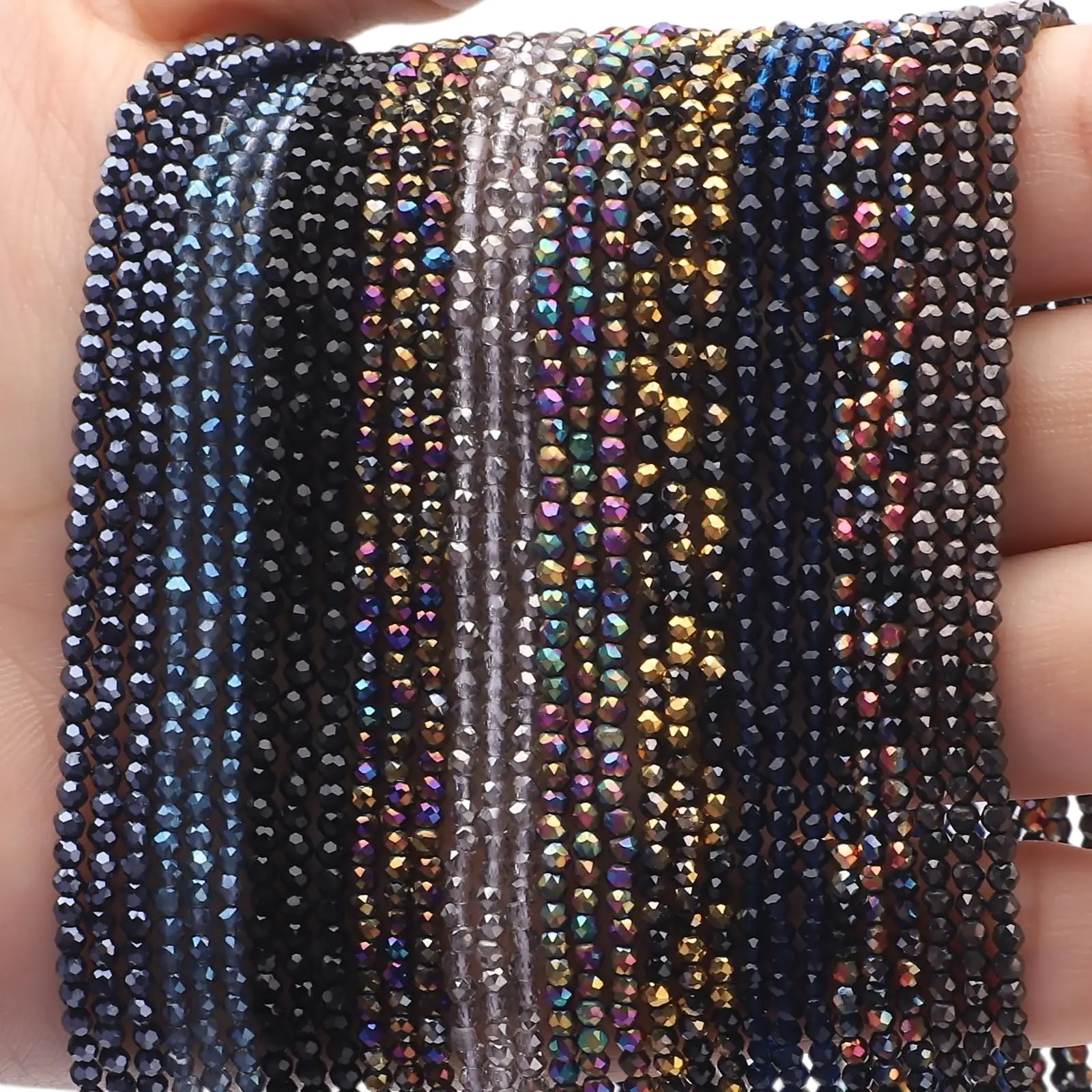 3Strands 1mm Black Small Beaded 32Faceted Round Ball Crystal Spacer Loose Beads Bracelet DIY Jewelry Making Necklace Accessories