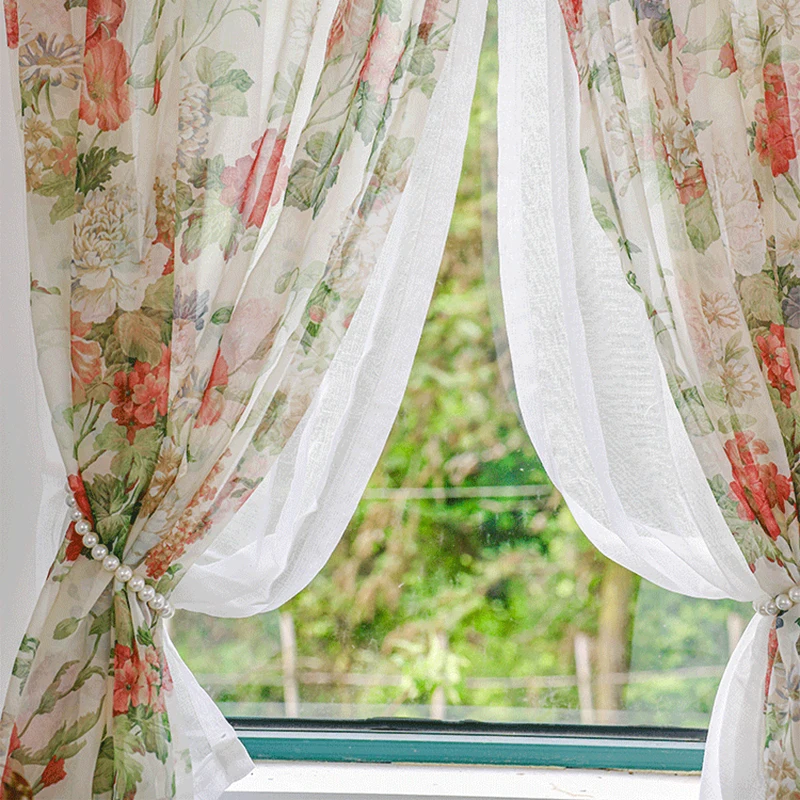 Idyllic Rural Flowers Window Tulle Door Curtains Elegant Floral Double Layer Lace Curtains for Living Room Bedroom #A148