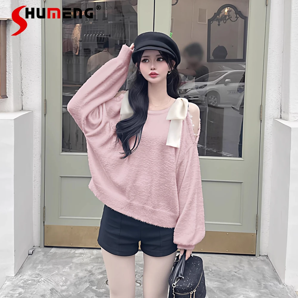 

Japanese Style Elegant Sweet Bow Tie Pearl Decor Off-Shoulder Long Sleeve Round Neck Knitted Pullover Women's Spring Sweater Top