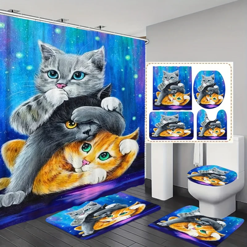 1/3/4pcs Cat Print Shower Set, Bathroom Back, U-Shape Mat, Toilet Lid Pad, Waterproof Curtain With 12 Hooks, 70.8*70.8in/