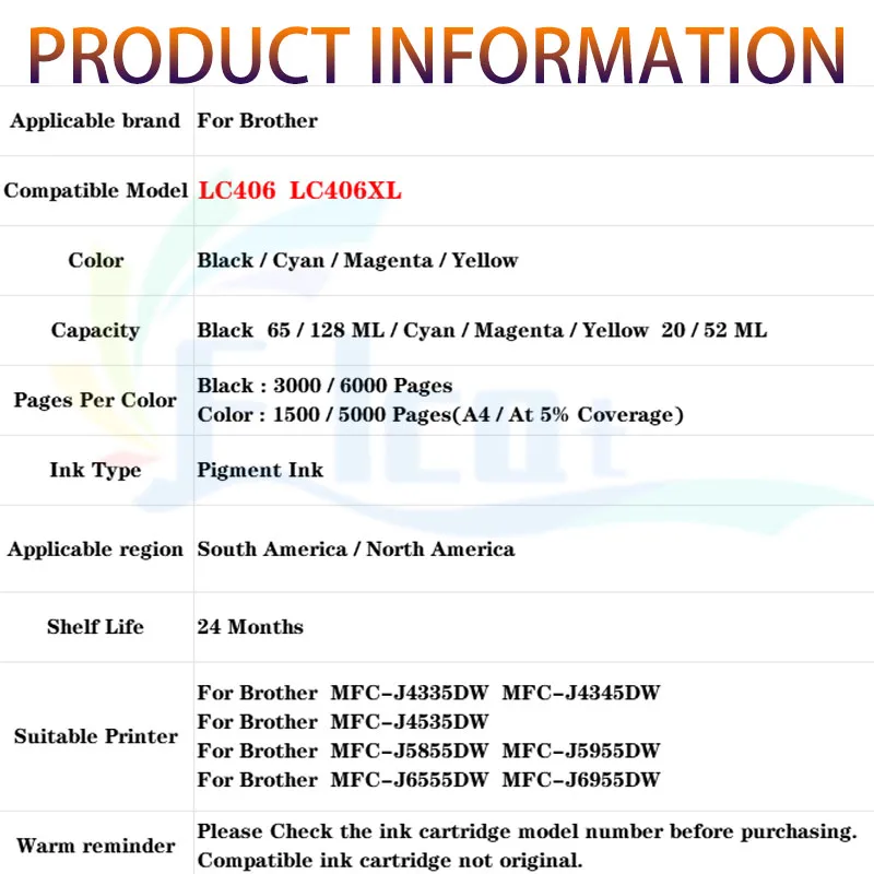 Cartucho de tinta LC406 LC406XL Compatible con impresora Brother MFC-J4335DW MFC-J4345DW MFC-J4535DW MFC-J5855DW MFC-J5955DW J6555DW