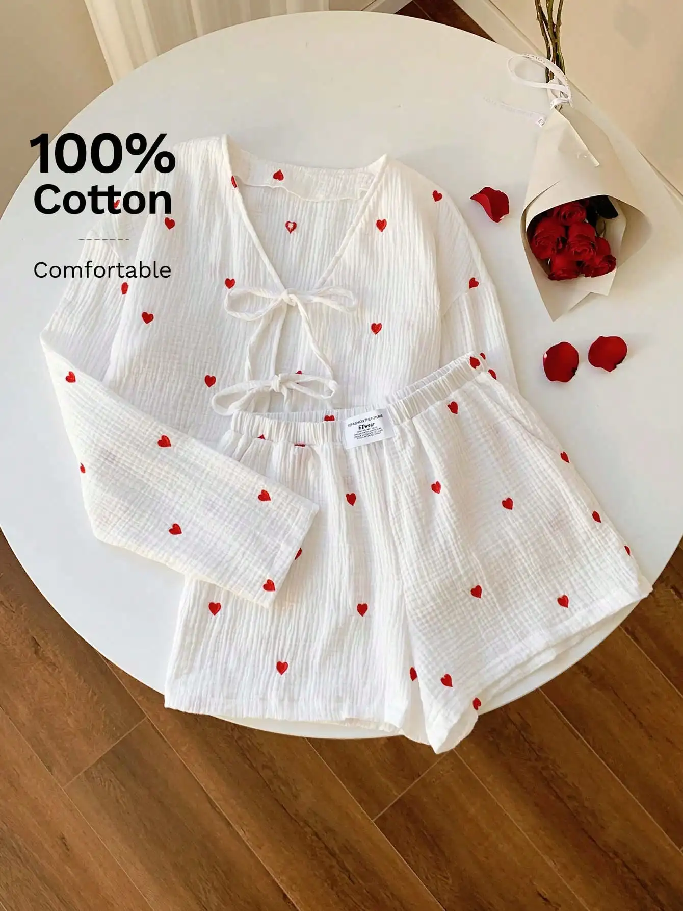 

Женский пижамный комплект из 100% хлопка с принтом в виде сердец, на шнуровке, с длинным рукавом и шортами, удобная одежда для сна