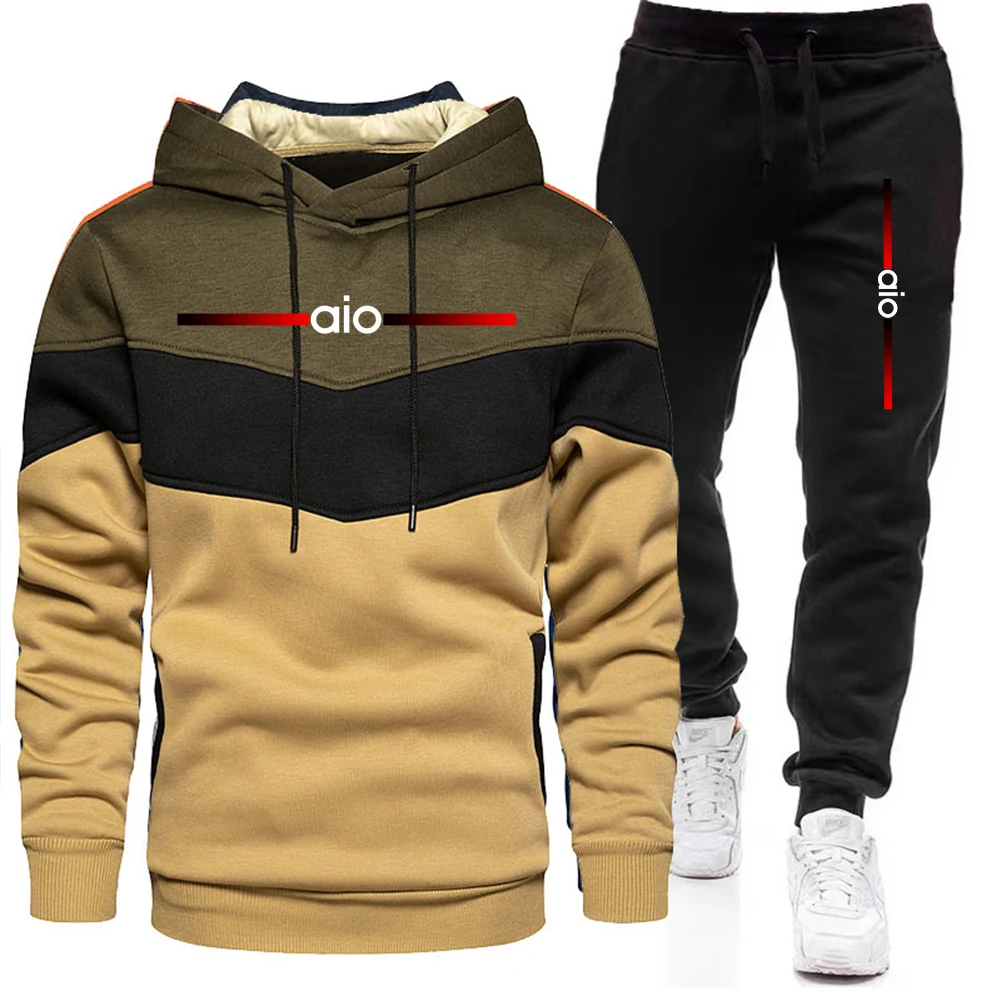 

2-piece men's spliced solid color hooded sweatshirt with drawstring, autumn and winter fashion long sleeved hooded sweatshirt, m