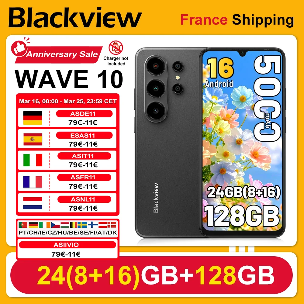 BLACKVIEW [Sin cargador UE] Teléfono inteligente WAVE 10, 24 GB (8+16) + 128 GB, frecuencia de actualización de 120 Hz, Android 16, batería de 5000 mAh, pantalla HD+ IPS de 6.88'', doble SIM, cámaras