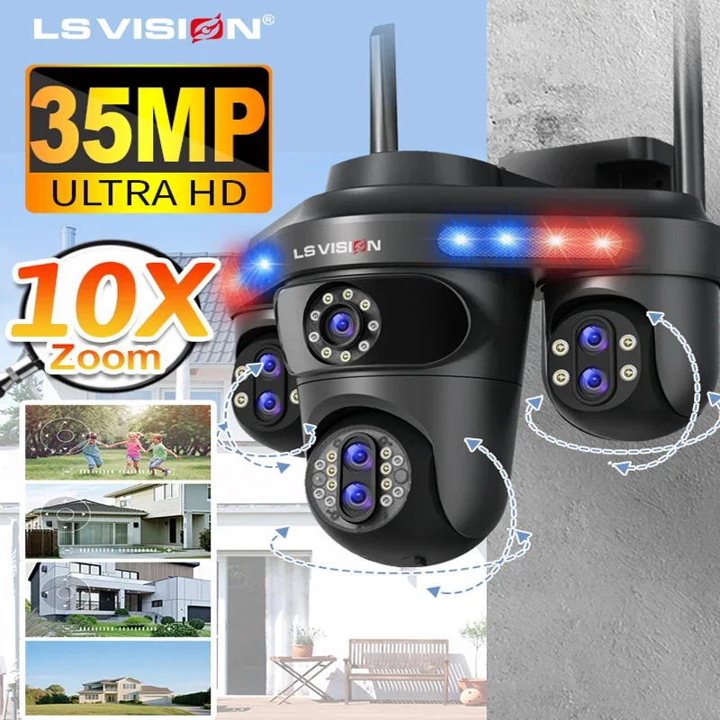 LS VISION 4 Screens WiFi IP Camera Outdoor 35MP 10X Zoom Security Video Monitor Night Vision Waterproof CCTV Cameras PTZ 10K Cam