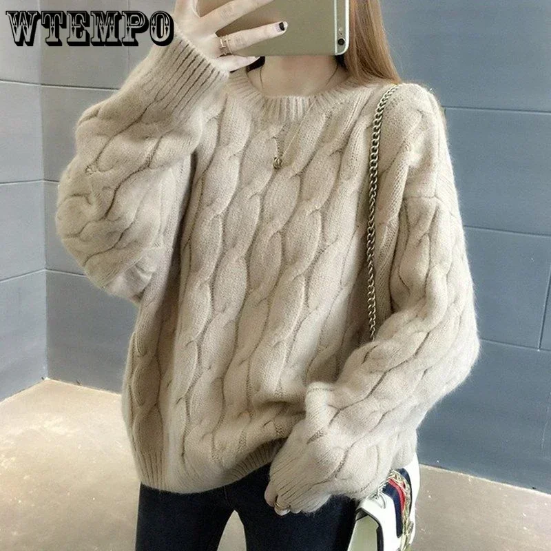 WTEMPO Solid Color Sweater for Women Soft Knitwear Long Sleeve Winter Fall Cable Knit Round Neck Long Sleeve Sweater Jumper