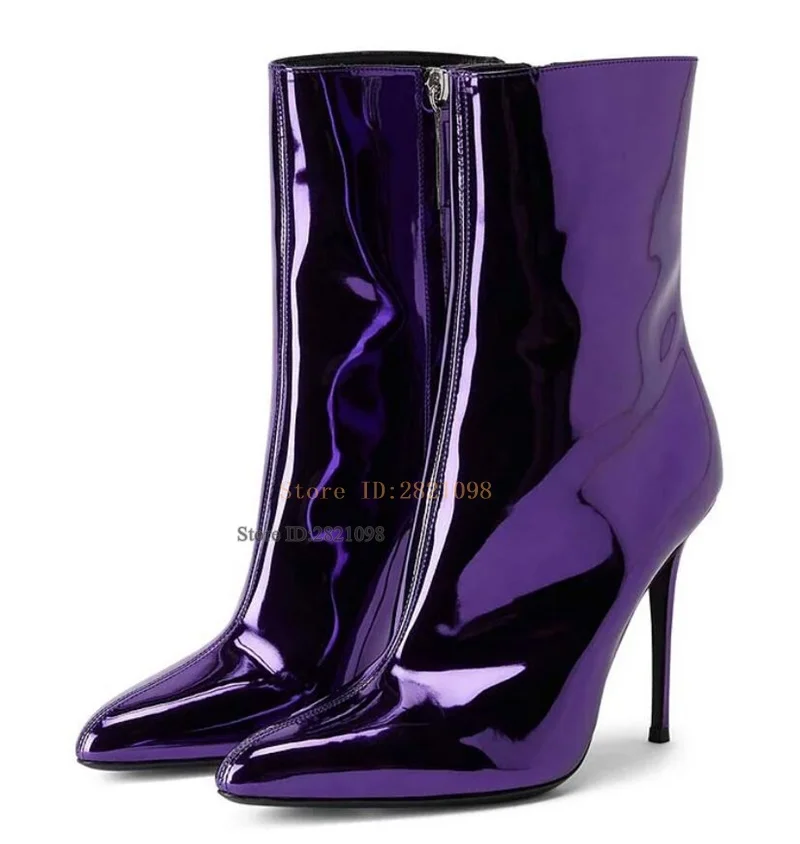 

Patent Leather Stylish Purple Pointed Toe Stiletto Heels Ankle Boots Thin High Heeled Women Botas Mujer Ladies Shoes