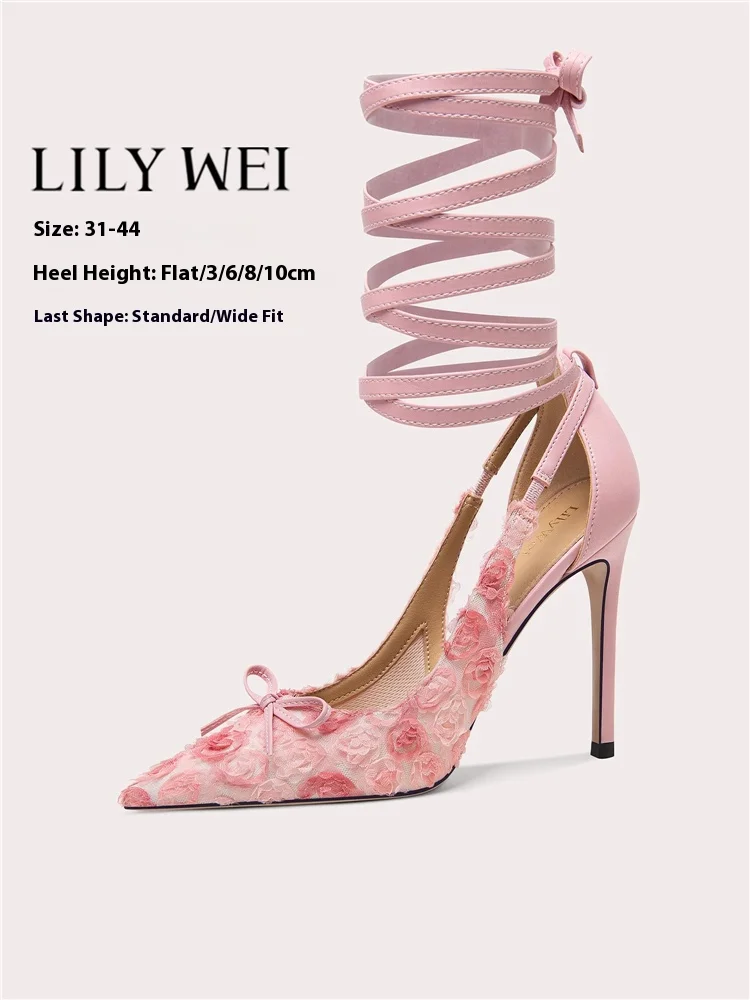 

Spring and summer new shallow lace mesh rose bow lace-up flat shoes thin high heel banquet large size small size women's shoes