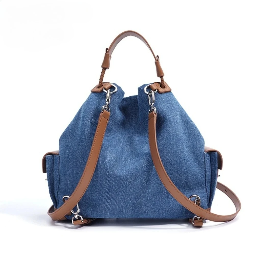 Retro Denim Patchwork Cowhide Leather Drawstring Backpack Large Capacity Shoulder Bag Boho Chic Bookbag Rucksack