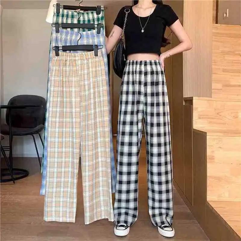 1pcs Women Gride Pants Ladies Casual Loose Straight-leg pants Spring Summer Student High Waist Fashion Korean Streetwear Trouser