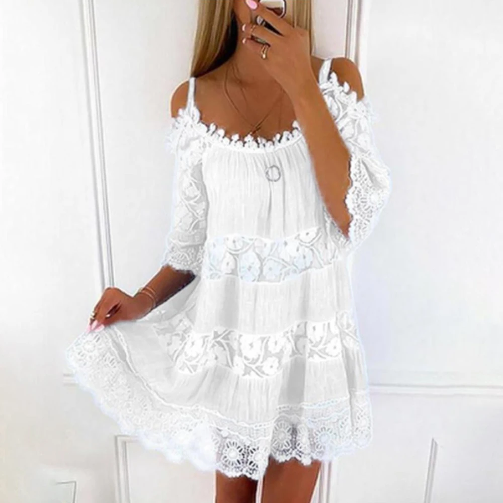 Plus Size Summer Dress for Ladies Solid Color Sling Lace Dress Female Elegant Loose Waist Design Dresses Casual Dress Beach Wear