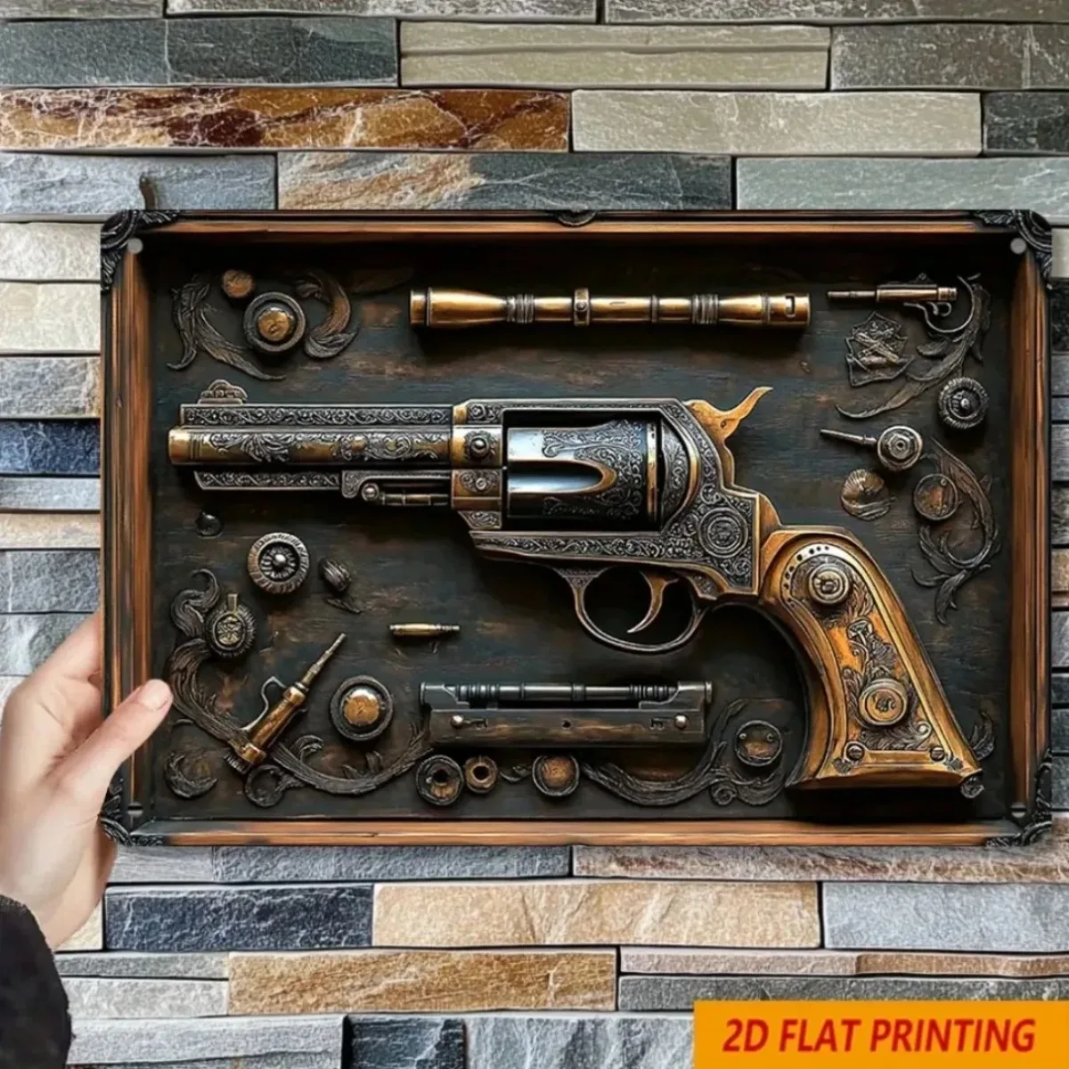 1pc Vintage Metal Wall Art 2D Flat 12x8 Inch Revolver Gears Sign for Man Cave Bar Decor