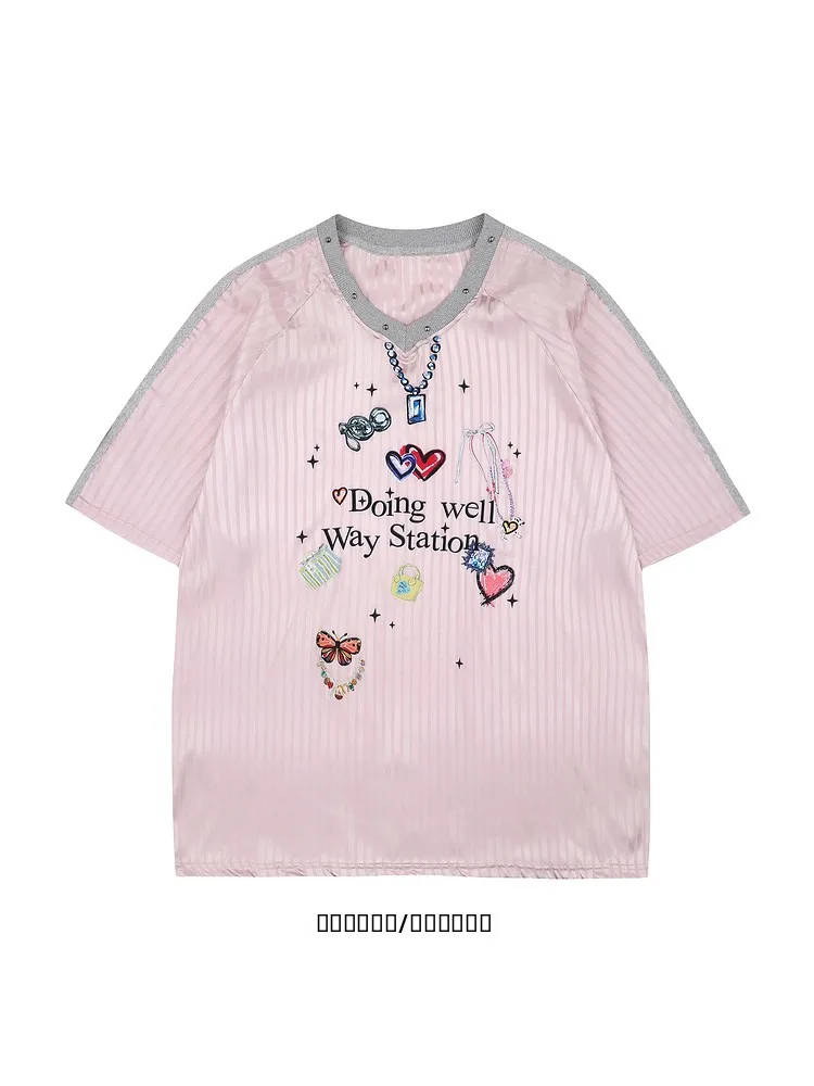 

from fiti Love Heart Pattern ort Sve T-irt Harajuku Sle Fun Design V-Ne ex Summer Casual Top