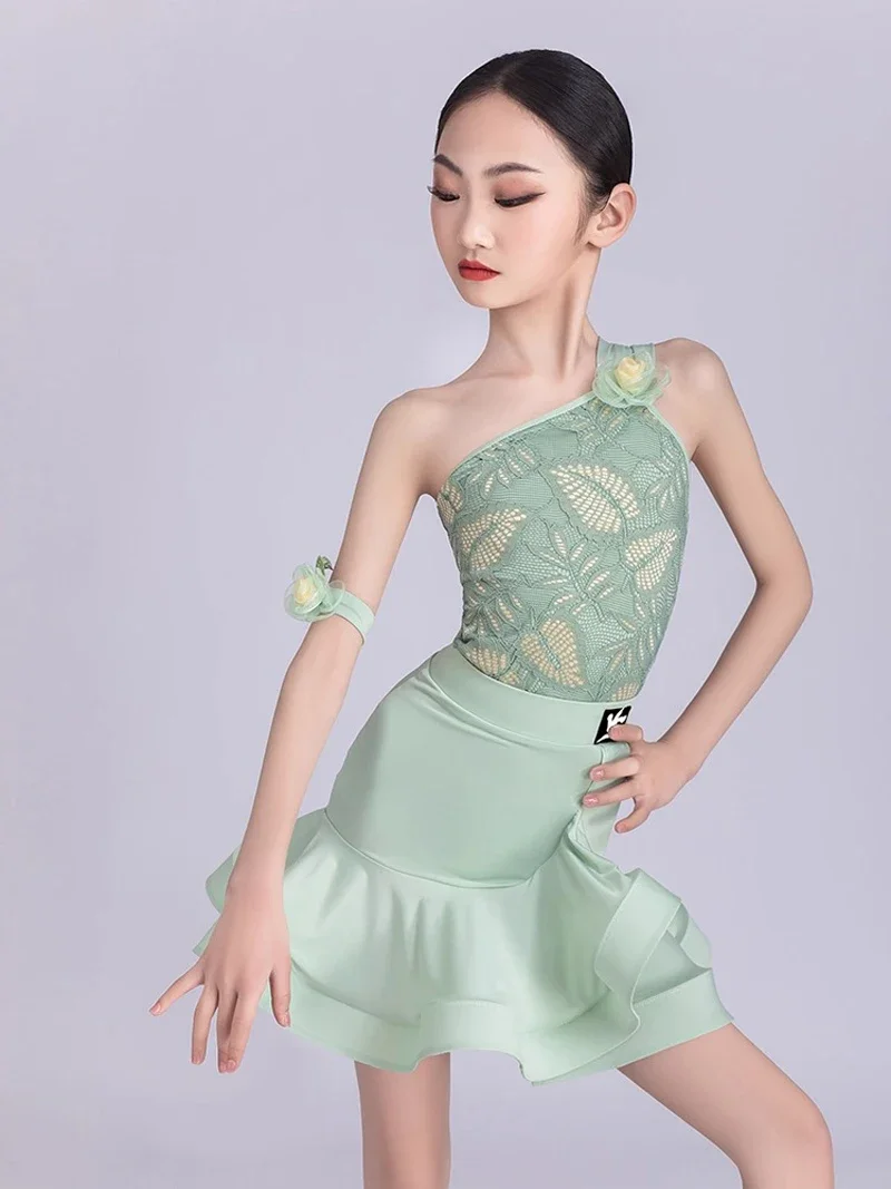 2025 New Girls' Rumba Tango Latin Dance Practice Training Dress Set Summer Strap Split Lace Professional Performance Dress