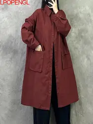 Nuovo letterario monopetto trench da donna autunno e inverno casual tinta unita a maniche lunghe allentato streetwear cappotto di media lunghezza