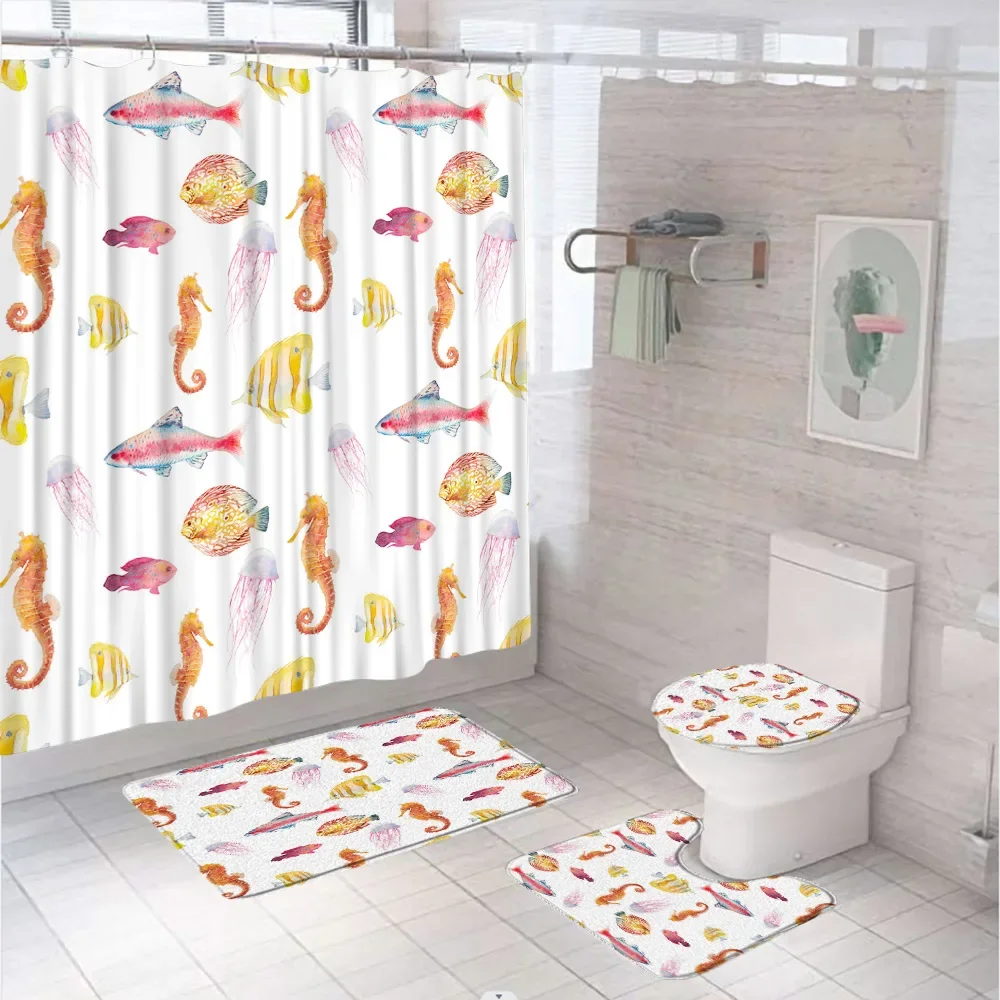 4Pcs Watercolor Fish Shower Curtain Set With Non-Slip Rug Toilet Lid Cover Bath Mat Blue Ocean Animal Cloth Bathroom Screen Home