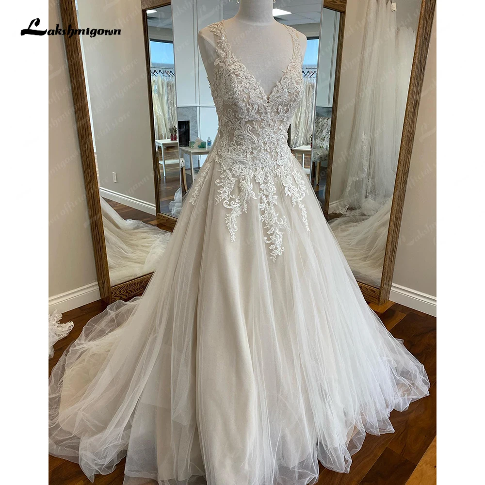 Lakshmigown Beading Champagne Wedding Gowns For Women 2024 Vestidos Sexy Bridal Beach Wedding Dresses V Neck Court Train