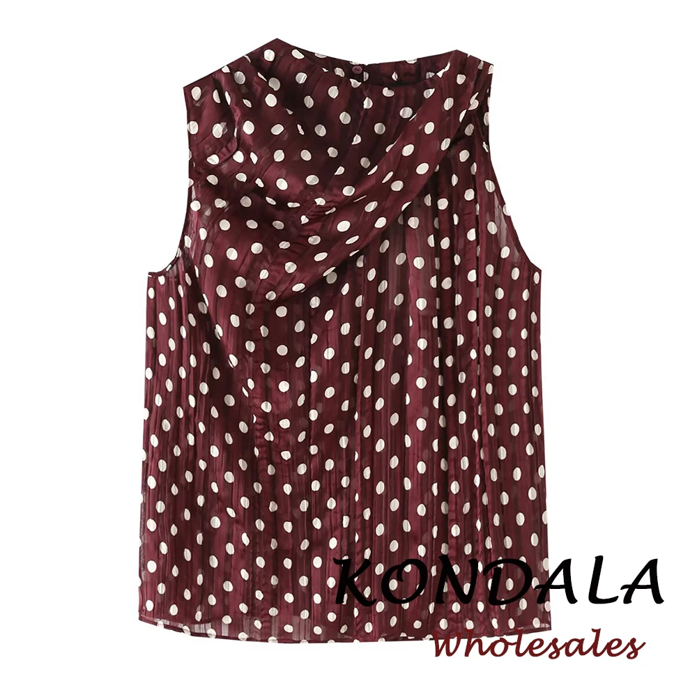 KONDALA Schicke Sommer Elegante Braune Damenbluse mit Polka Dots, Modisch 2026, O-Ausschnitt, Vintage Ärmellose Bluse, Lehrer-Look, Locker Sitzende Mujer Weste
