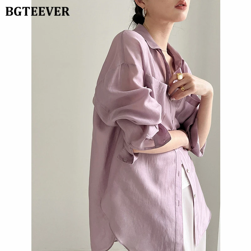 BGTEEVER Summer Loose Single-breasted Female Shirts Long Sleeve Turn-down Collar Pockets Ladies Blouses Tops