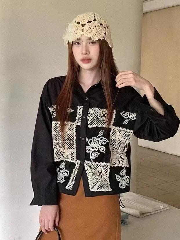 

Женский длинный све с вышивкой в стиле ретро, кружевной ажурный свободный крой, утягивающий воротник, дизайн, корейский дышащий топ