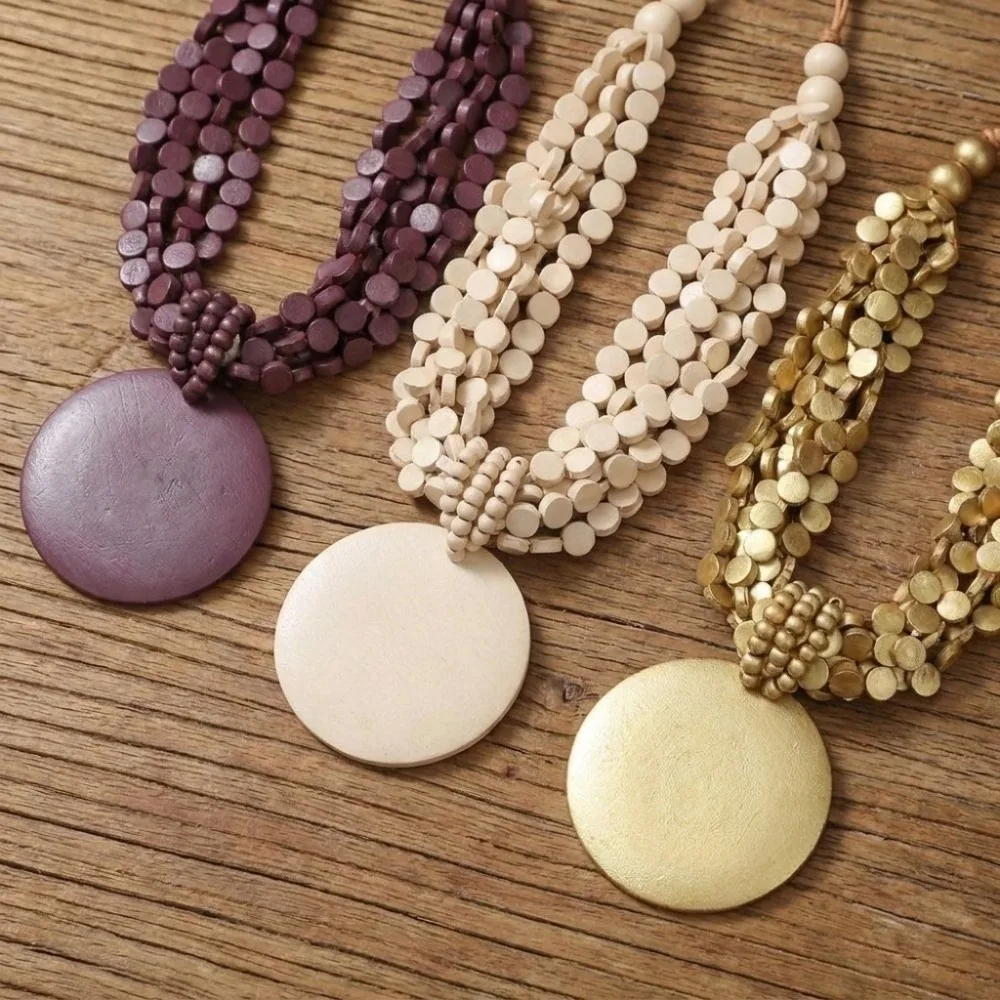 New Exaggerated Wooden Slice Necklace Oversized Multi-Layer Pendant Necklace Adjustbale Beaded Neck Accessories Outfit